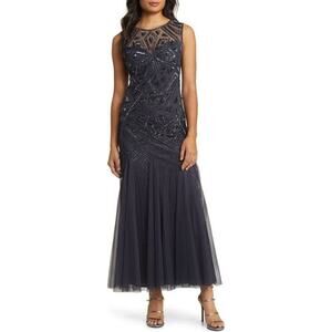 Pisarro Nights 'Geometric' Black Beaded Sleeveless Gown Size 14